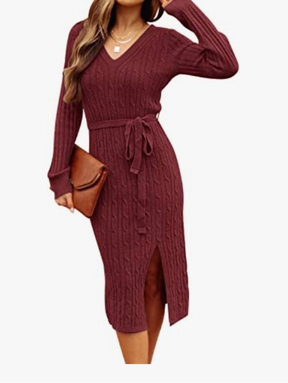 Cable Knit V-Neck Midi Sweater Dress with Tie Belt - Burgundy